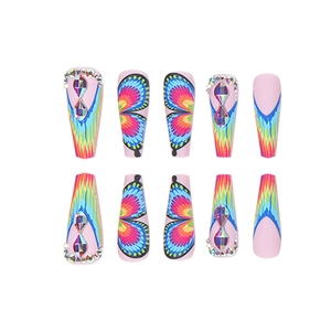 Rainbow butterfly coffin press-on nails with colorful gradient patterns and crystals