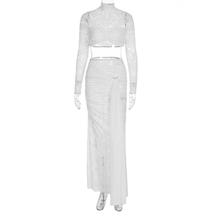 Detailed lace floral texture and ruched draping on white two-piece long dress set