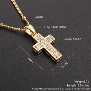 Detailed specs of gold cross pendant with AAA CZ zircon on 16.5 inch rope chain