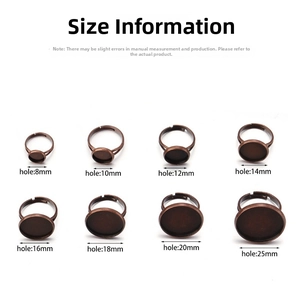 Size chart for adjustable ring blanks with tray diameters from 8mm to 25mm for DIY jewelry