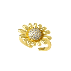Gold daisy open ring with shimmering zircon pave center and adjustable minimalist band