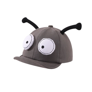 Deep grey cotton baby baseball cap with quirky cartoon eyes and 3D black antennae