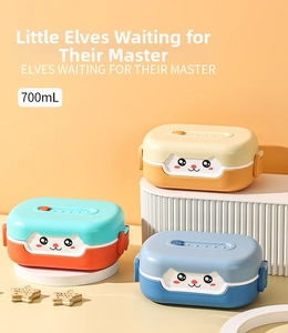 Close-up of three 700ml cartoon bento boxes with dual-layer stackable compartments