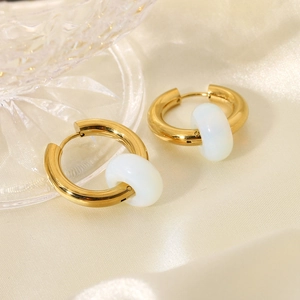 Detail of 18K gold stainless steel earrings featuring smooth white translucent beads