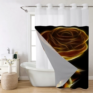Detail of waffle weave shower curtain with golden fractal rose print and metal hooks