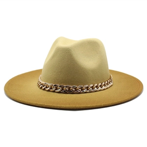 Detailed close-up of khaki wool fedora hat featuring a chunky gold metal chain band
