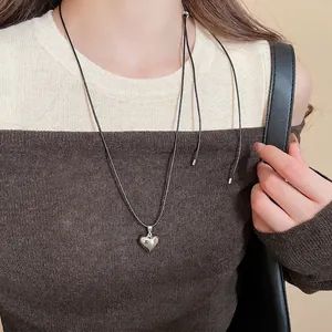 Heart Pendant Necklace With Copper Mirror Polish Charm And Black Wax Rope Adjustable Korean Style For Women Minimalist