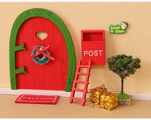 Detailed Christmas dollhouse miniature set with red wooden door and tiny festive accessories