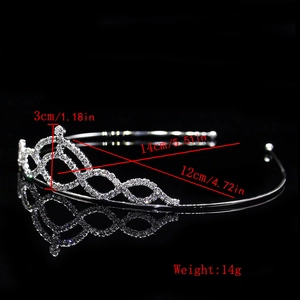 Detail view of silver bridal tiara crown with rhinestones and size specifications
