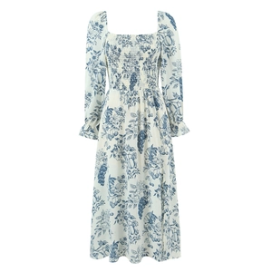 French Style Floral Print Maxi Dress Square Neck Long Sleeve Smocked High Waist Slim Fit Elegant Women Dress