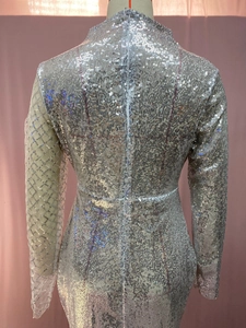 Close-up of the back detail on a silver sequin long sleeve bodycon dress on a mannequin