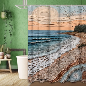 Detail of 3D embossed shower curtain featuring a sunset beach and ocean wave design