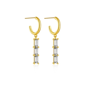 Elegant 925 sterling silver C-hoop earrings with three tiered rectangular cubic zirconia