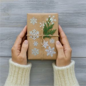 Macro detail of brown kraft gift box with silver snowflake stickers and pine branch