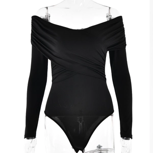 Sexy black off-shoulder V-neck long sleeve bodysuit with pleated details for women