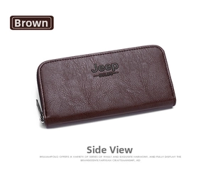 Detailed close-up of brown pebbled leather texture and metal zipper on men long wallet