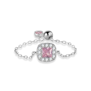Adjustable S925 silver chain ring with pink square zircon stone in halo setting
