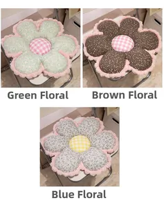 Detail showing plush floral cushions with checked centers and soft velvet ruffle edges