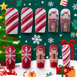 Weihnachts-Nägel zum Aufkleben mit Lebkuchenmann, Schneeflocken und Streifenmustern