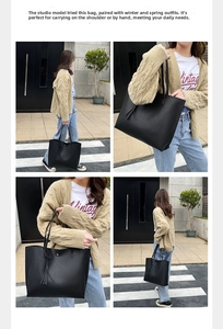Detailed views of a black lychee texture tote bag featuring a decorative tassel pendant