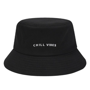 Classic black cotton bucket hat with white CHILL VIBES embroidery and stitched brim