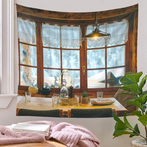 Detail of scenery tapestry showing high-quality print of a snowy restaurant window view