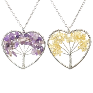 Tree Of Life Heart Pendant Necklace Handmade Wire Wrapped Natural Crystal Chips Healing Stones Bohemian Spiritual Jewelry