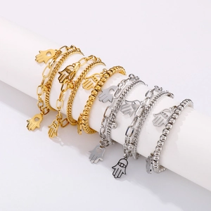 Double-layered gold and silver stainless steel Hamsa hand pendant bracelets set