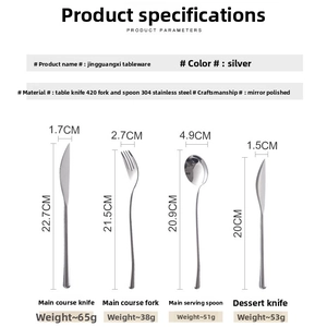 Size chart showing dimensions and weight of mirror polished 304 stainless steel cutlery set
