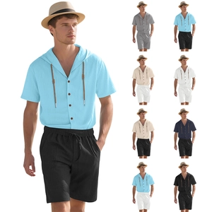 Detailed grid view of men's summer linen sets showing hooded shirts and drawstring shorts