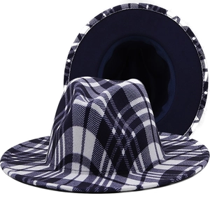 Classic navy blue and white plaid fedora hat with elegant wide brim and soft wool texture