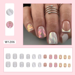 Short square press-on nails with Aurora ripple design and French tips in pink and white