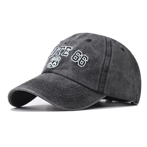Vintage washed cotton Route 66 baseball cap with white embroidered shield in dark gray