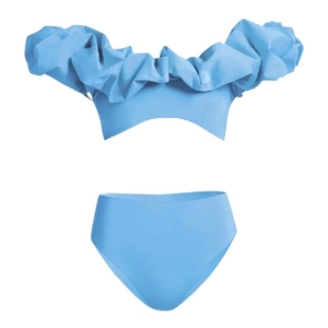 Light blue two-piece high waisted bikini set featuring ruffled off-shoulder top and sleek bottoms