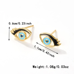 Detailed view of evil eye stud earrings with dimensions 1.1cm by 0.6cm and 1.08g weight