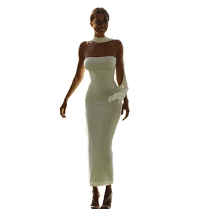 Slim fit white strapless maxi dress with matching neck scarf ribbon for elegant style