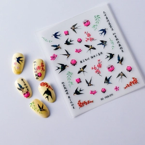 5D embossed nail stickers with spring willow, swallow and flower designs in 45-degree view