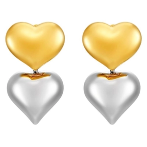 Boucles d'oreilles cœurs superposés bicolores en acier inoxydable plaqué or 18 carats