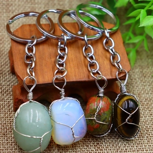 Natural raw crystal stone keychains wrapped in wire featuring four different gemstones