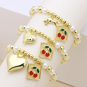 Beaded Bracelet Gold Plated Copper With Faux Artificial Pearl And Cherry Heart Animal Charms Elegant Fashion Jewelry For Women