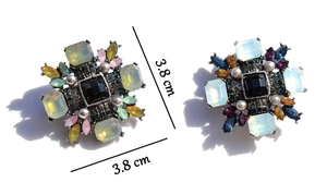 Detailed size view of vintage cross brooch with colorful crystals and pearls 3.8cm