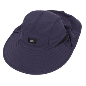Detail of navy blue sun hat with mesh vents and Mount Hood brand label on the front