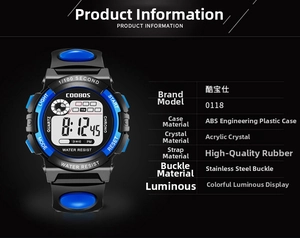 Detailed specs of waterproof digital sports watch with rubber strap and LED display