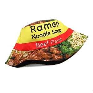 Detailed close-up of ramen noodle soup beef flavor pattern on yellow cotton bucket hat
