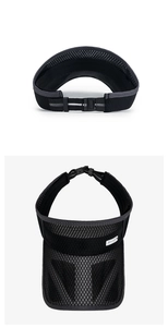 Detail of adjustable buckle and breathable mesh on black sun visor hat for sport