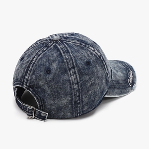 Distressed dark blue denim baseball cap with side embroidery and adjustable metal buckle