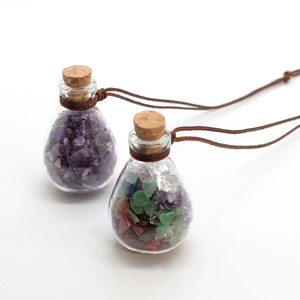 Glass vial pendants with natural crystal gravel and brown woven cords for necklaces