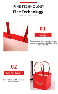 Detail of red paper gift bag featuring ribbon handles and a cutout smiley face design