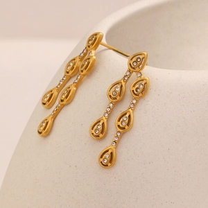 Detailed macro view of 18K gold plated teardrop earrings with sparkling zircon stones