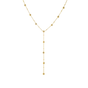 Elegant gold-plated Y-shaped necklace with bezel-set round cubic zirconia on white backdrop